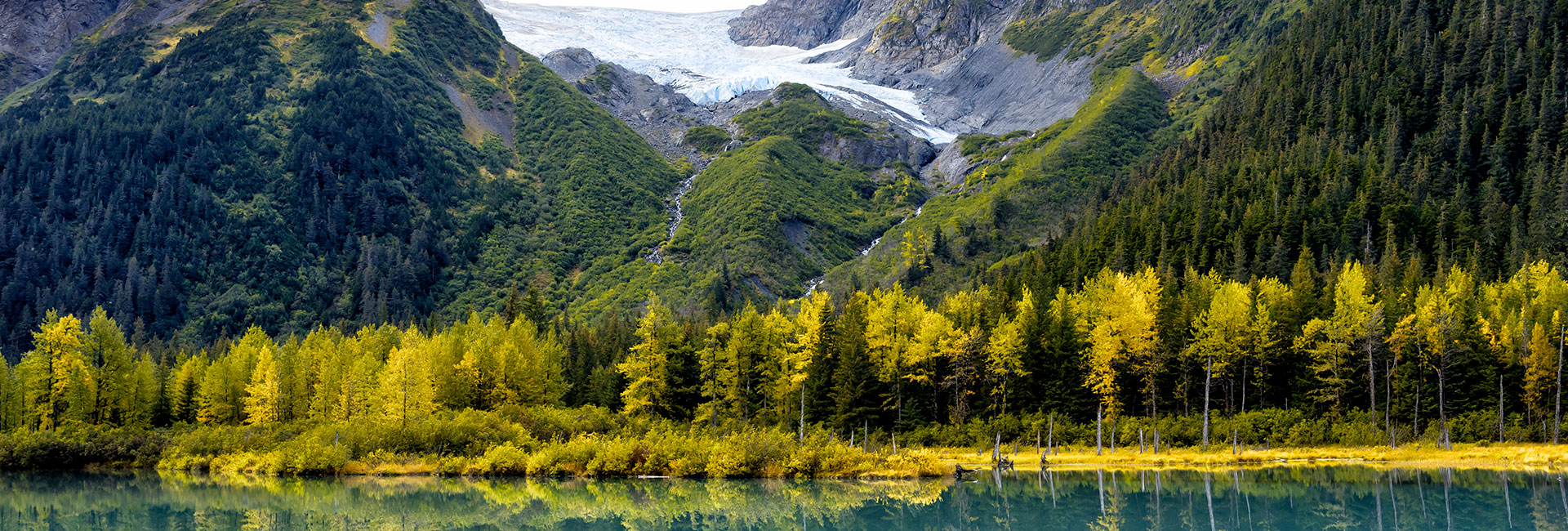 Peaceful scenic view of green trees, mountains and water.